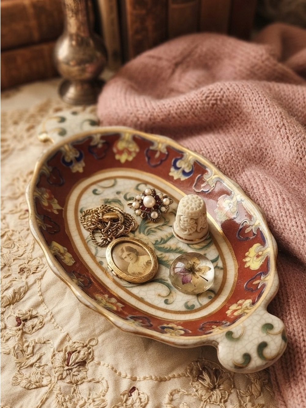 Amita Crackle-Glaze Oval Scalloped Trinket Dish Gold Gilt 9”